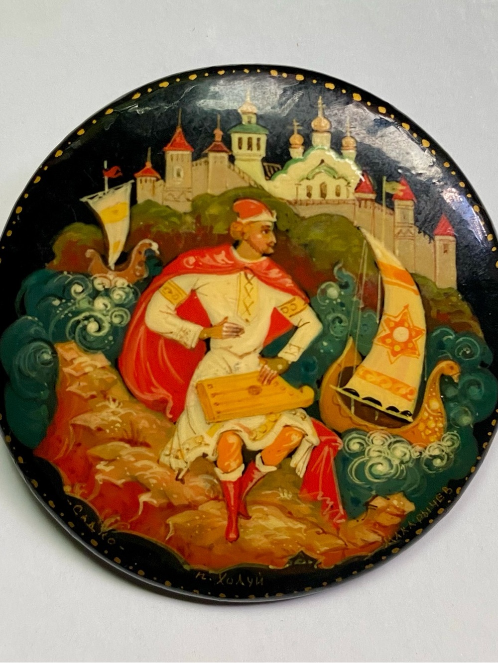 Hand-Painted Russian Lacquer Brooch
